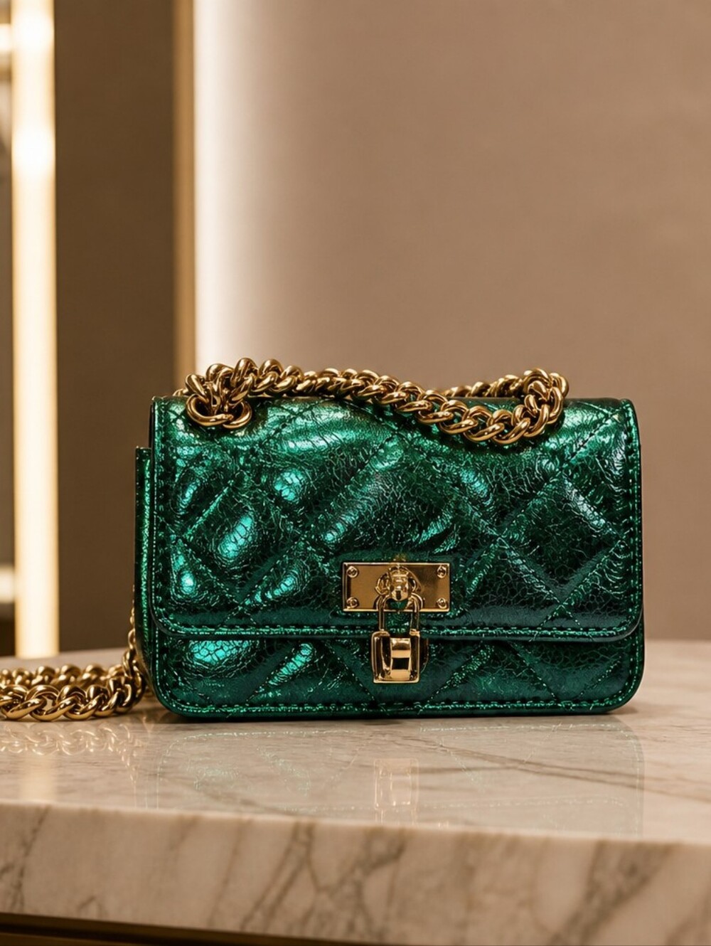 Kurt Geiger Green Metallic Quilted Chain Shoulder Id Bag NWT - Picture 1 of 4